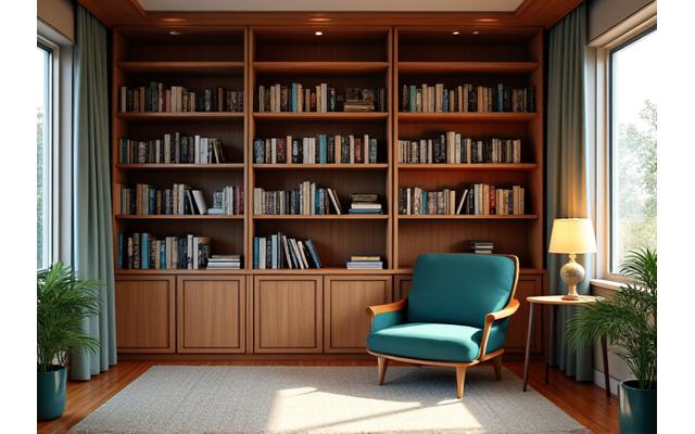 책장과 편안한 의자가 있는 아늑한 홈 라이브러리 공간