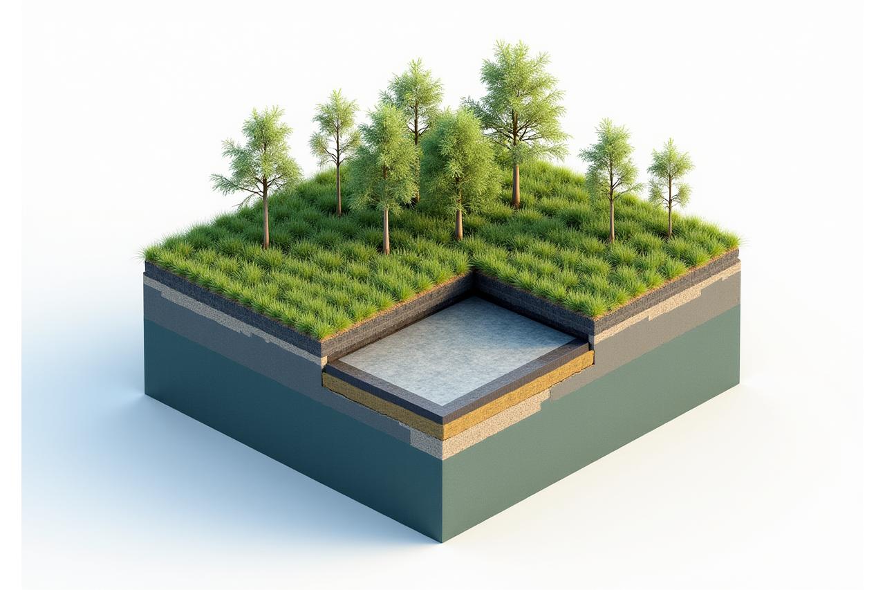 옥상 녹화 시스템의 단면도와 기술 구성 요소