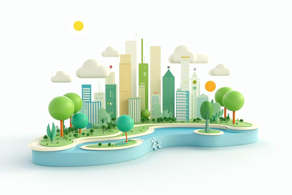 지속가능한 도시 계획 인포그래픽: 녹지, 태양광, 빗물 관리 등을 시각화